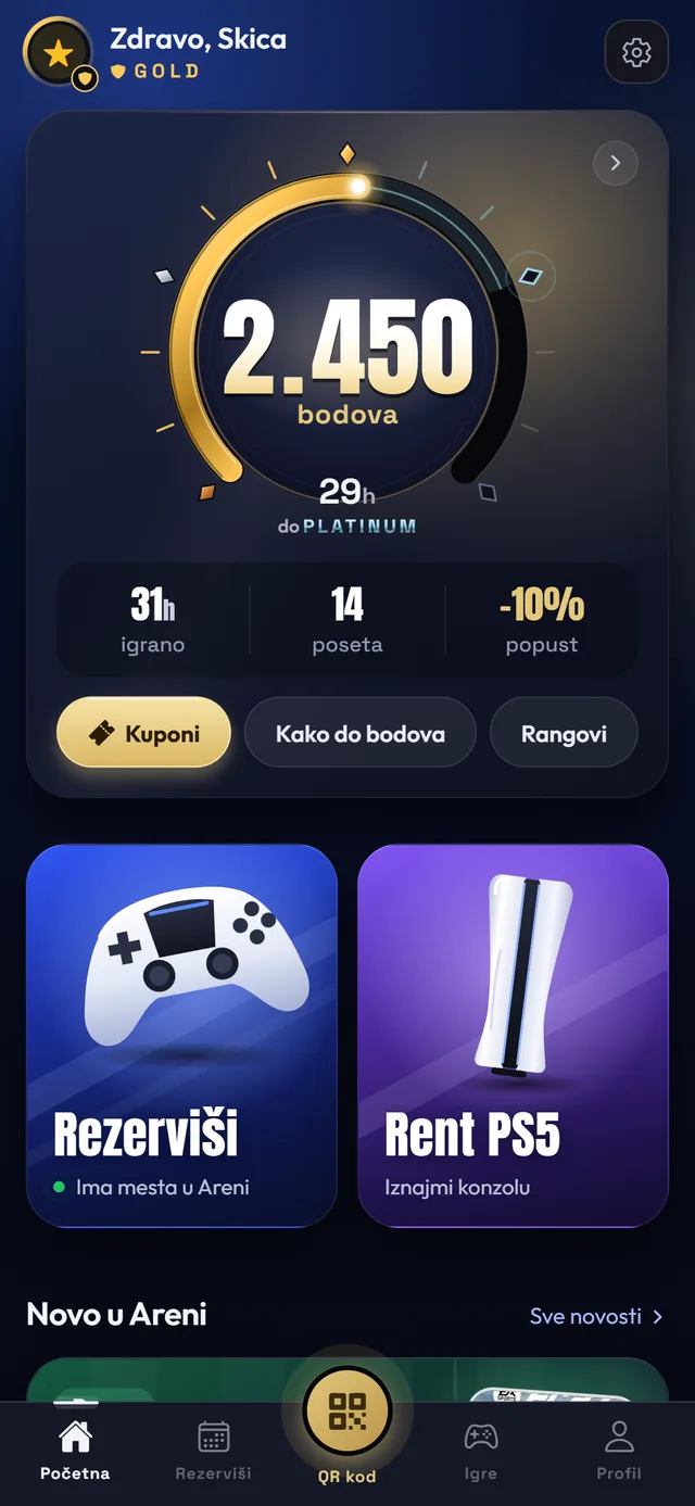Početna u aplikaciji PS Arena: bodovi, rang, kuponi, Rezerviši i Rent PS5